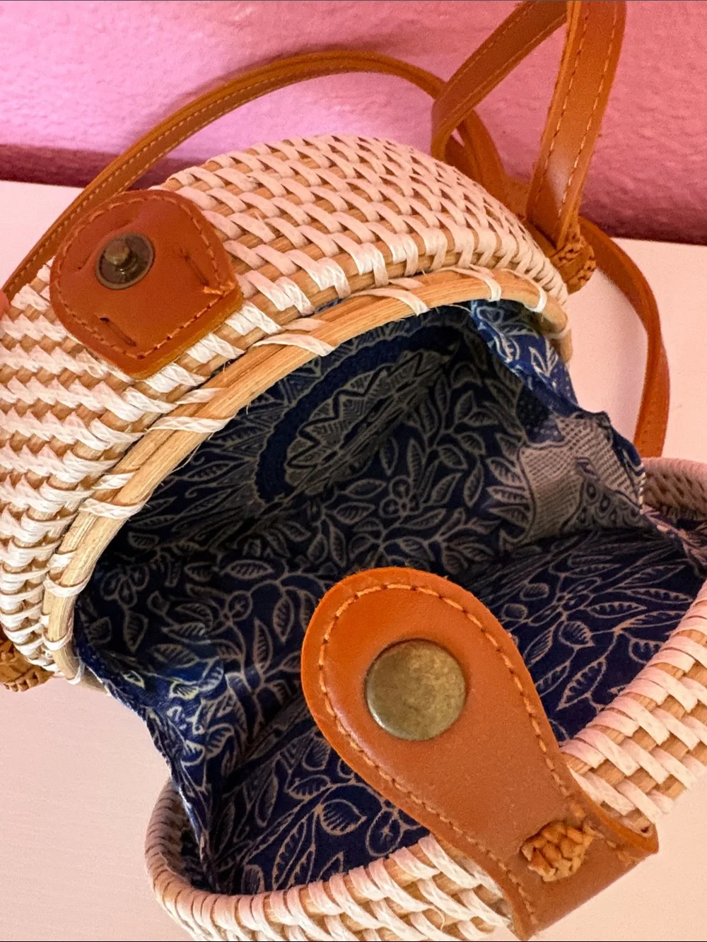 Woven Round Crossbody Bag in Natural and Brown